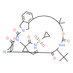ChemSpider 2D Image | N-{1-[(Cyclopropylsulfonyl)carbamoyl]-2-vinylcyclopropyl}-16,16-dimethyl-21-(2-methyl-2-propanyl)-3,19,22-trioxo-2,18-dioxa-4,20,23-triazatetracyclo[21.2.1.1~4,7~.0~6,11~]heptacosa-6,8,10-triene-24-ca
rboxamide | C38H53N5O9S