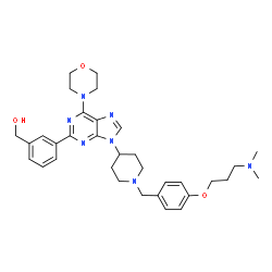 ChemSpider 2D Image | {3-[9-(1-{4-[3-(Dimethylamino)propoxy]benzyl}-4-piperidinyl)-6-(4-morpholinyl)-9H-purin-2-yl]phenyl}methanol | C33H43N7O3