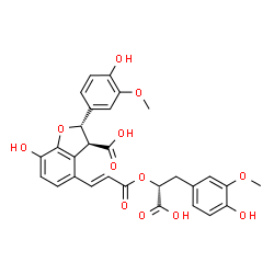 ChemSpider 2D Image | (2S,3S)-4-{(1E)-3-[(1R)-1-Carboxy-2-(4-hydroxy-3-methoxyphenyl)ethoxy]-3-oxo-1-propen-1-yl}-7-hydroxy-2-(4-hydroxy-3-methoxyphenyl)-2,3-dihydro-1-benzofuran-3-carboxylic acid | C29H26O12