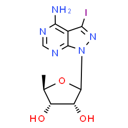 ChemSpider 2D Image | 1-(5-Deoxy-D-ribofuranosyl)-3-iodo-1H-pyrazolo[3,4-d]pyrimidin-4-amine | C10H12IN5O3