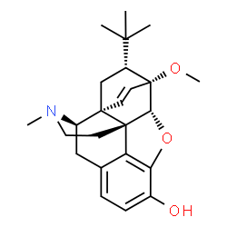 ChemSpider 2D Image | (5alpha,6beta,14beta,18R)-6-Methoxy-17-methyl-18-(2-methyl-2-propanyl)-7,8-didehydro-18,19-dihydro-4,5-epoxy-6,14-ethenomorphinan-3-ol | C24H31NO3