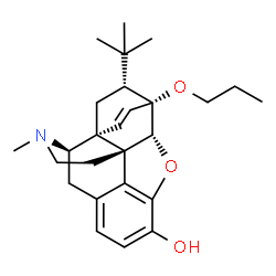 ChemSpider 2D Image | (5alpha,6beta,14beta,18R)-17-Methyl-18-(2-methyl-2-propanyl)-6-propoxy-7,8-didehydro-18,19-dihydro-4,5-epoxy-6,14-ethenomorphinan-3-ol | C26H35NO3