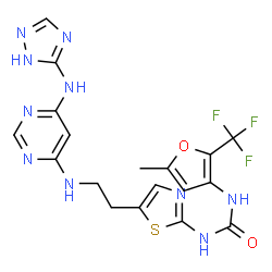 ChemSpider 2D Image | 1-[5-Methyl-2-(trifluoromethyl)-3-furyl]-3-[5-(2-{[6-(1H-1,2,4-triazol-3-ylamino)-4-pyrimidinyl]amino}ethyl)-1,3-thiazol-2-yl]urea | C18H17F3N10O2S