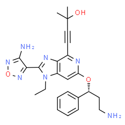 ChemSpider 2D Image | 4-{2-(4-Amino-1,2,5-oxadiazol-3-yl)-6-[(1R)-3-amino-1-phenylpropoxy]-1-ethyl-1H-imidazo[4,5-c]pyridin-4-yl}-2-methyl-3-butyn-2-ol | C24H27N7O3