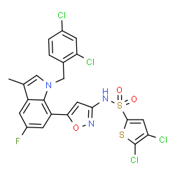 ChemSpider 2D Image | 4,5-Dichloro-N-{5-[1-(2,4-dichlorobenzyl)-5-fluoro-3-methyl-1H-indol-7-yl]-1,2-oxazol-3-yl}-2-thiophenesulfonamide | C23H14Cl4FN3O3S2