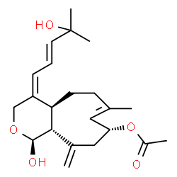 ChemSpider 2D Image | (1S,4E,4aS,9R,11aR)-1-Hydroxy-4-[(2E)-4-hydroxy-4-methyl-2-penten-1-ylidene]-7-methyl-11-methylene-1,3,4,4a,5,6,9,10,11,11a-decahydrocyclonona[c]pyran-9-yl acetate | C22H32O5