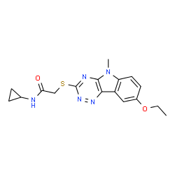 ChemSpider 2D Image | N-Cyclopropyl-2-[(8-ethoxy-5-methyl-5H-[1,2,4]triazino[5,6-b]indol-3-yl)sulfanyl]acetamide | C17H19N5O2S