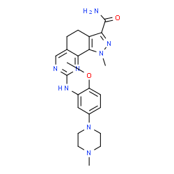 ChemSpider 2D Image | 8-{[2-Methoxy-5-(4-methyl-1-piperazinyl)phenyl]amino}-1-methyl-4,5-dihydro-1H-pyrazolo[4,3-h]quinazoline-3-carboxamide | C23H28N8O2