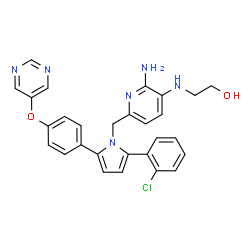ChemSpider 2D Image | 2-{[2-Amino-6-({2-(2-chlorophenyl)-5-[4-(5-pyrimidinyloxy)phenyl]-1H-pyrrol-1-yl}methyl)-3-pyridinyl]amino}ethanol | C28H25ClN6O2