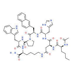 ChemSpider 2D Image | (3S,6S,14S,17S,20R,25aS)-14-[(N-Acetyl-L-norleucyl)amino]-17-(1H-imidazol-4-ylmethyl)-3-(1H-indol-3-ylmethyl)-20-(2-naphthylmethyl)-1,4,12,15,18,21-hexaoxotetracosahydro-1H-pyrrolo[2,1-f][1,4,7,10,13,
18]hexaazacyclotricosine-6-carboxamide | C53H66N12O9