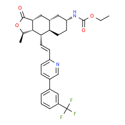 ChemSpider 2D Image | Ethyl {(1R,3aR,4aR,6R,8aR,9S,9aS)-1-methyl-3-oxo-9-[(E)-2-{5-[3-(trifluoromethyl)phenyl]-2-pyridinyl}vinyl]dodecahydronaphtho[2,3-c]furan-6-yl}carbamate | C30H33F3N2O4