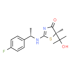 ChemSpider 2D Image | (5R)-2-{[(1S)-1-(4-Fluorophenyl)ethyl]amino}-5-(2-hydroxy-2-propanyl)-5-methyl-1,3-thiazol-4(5H)-one | C15H19FN2O2S