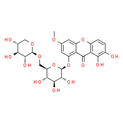 ChemSpider 2D Image | 7,8-Dihydroxy-3-methoxy-9-oxo-9H-xanthen-1-yl 6-O-beta-D-xylopyranosyl-beta-D-glucopyranoside | C25H28O15