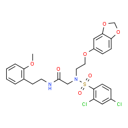 ChemSpider 2D Image | N~2~-[2-(1,3-Benzodioxol-5-yloxy)ethyl]-N~2~-[(2,4-dichlorophenyl)sulfonyl]-N-[2-(2-methoxyphenyl)ethyl]glycinamide | C26H26Cl2N2O7S