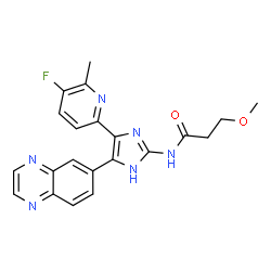 ChemSpider 2D Image | N-[4-(5-Fluoro-6-methyl-2-pyridinyl)-5-(6-quinoxalinyl)-1H-imidazol-2-yl]-3-methoxypropanamide | C21H19FN6O2