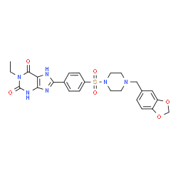 ChemSpider 2D Image | 8-(4-{[4-(1,3-Benzodioxol-5-ylmethyl)-1-piperazinyl]sulfonyl}phenyl)-1-ethyl-3,7-dihydro-1H-purine-2,6-dione | C25H26N6O6S