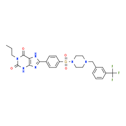 ChemSpider 2D Image | 1-Propyl-8-[4-({4-[3-(trifluoromethyl)benzyl]-1-piperazinyl}sulfonyl)phenyl]-3,7-dihydro-1H-purine-2,6-dione | C26H27F3N6O4S
