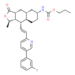 ChemSpider 2D Image | Propyl [(1R,3aR,4aR,6R,8aR,9S,9aS)-9-{(E)-2-[5-(3-fluorophenyl)-2-pyridinyl]vinyl}-1-methyl-3-oxododecahydronaphtho[2,3-c]furan-6-yl]carbamate | C30H35FN2O4