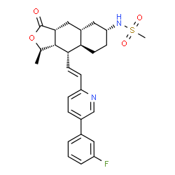 ChemSpider 2D Image | N-[(1R,3aR,4aR,6R,8aR,9S,9aS)-9-{(E)-2-[5-(3-Fluorophenyl)-2-pyridinyl]vinyl}-1-methyl-3-oxododecahydronaphtho[2,3-c]furan-6-yl]methanesulfonamide | C27H31FN2O4S