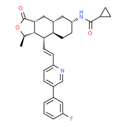 ChemSpider 2D Image | N-[(1R,3aR,4aR,6R,8aR,9S,9aS)-9-{(E)-2-[5-(3-Fluorophenyl)-2-pyridinyl]vinyl}-1-methyl-3-oxododecahydronaphtho[2,3-c]furan-6-yl]cyclopropanecarboxamide | C30H33FN2O3