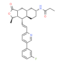 ChemSpider 2D Image | N-[(1R,3aR,4aR,6R,8aR,9S,9aS)-9-{(E)-2-[5-(3-Fluorophenyl)-2-pyridinyl]vinyl}-1-methyl-3-oxododecahydronaphtho[2,3-c]furan-6-yl]propanamide | C29H33FN2O3