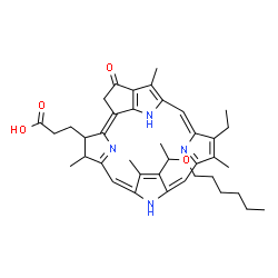 ChemSpider 2D Image | 3-{14-Ethyl-9-[1-(hexyloxy)ethyl]-4,8,13,18-tetramethyl-20-oxo-3-phorbinyl}propanoic acid | C39H48N4O4