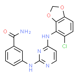 ChemSpider 2D Image | 3-({4-[(5-Chloro-1,3-benzodioxol-4-yl)amino]-2-pyrimidinyl}amino)benzamide | C18H14ClN5O3