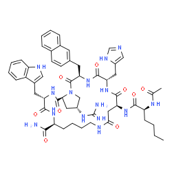 ChemSpider 2D Image | (3S,6S,14S,17S,20R,24R,25aS)-14-[(N-Acetyl-L-norleucyl)amino]-24-carbamimidamido-17-(1H-imidazol-5-ylmethyl)-3-(1H-indol-3-ylmethyl)-20-(2-naphthylmethyl)-1,4,12,15,18,21-hexaoxotetracosahydro-1H-pyrr
olo[2,1-f][1,4,7,10,13,18]hexaazacyclotricosine-6-carboxamide | C54H69N15O9