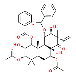ChemSpider 2D Image | (1alpha,2alpha,3alpha,7alpha,11alpha,12beta,13alpha)-3,7-Diacetoxy-2,8,12-trihydroxy-14-oxopimar-15-ene-1,11-diyl dibenzoate | C38H44O12