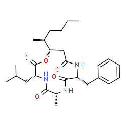 ChemSpider 2D Image | (3R,6R,9R,13S)-9-Benzyl-13-[(2S)-2-hexanyl]-3-isobutyl-6-methyl-1-oxa-4,7,10-triazacyclotridecane-2,5,8,11-tetrone | C27H41N3O5
