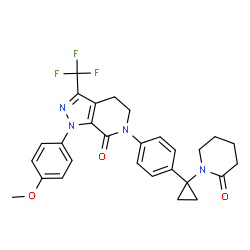 ChemSpider 2D Image | 1-(4-Methoxyphenyl)-6-{4-[1-(2-oxo-1-piperidinyl)cyclopropyl]phenyl}-3-(trifluoromethyl)-1,4,5,6-tetrahydro-7H-pyrazolo[3,4-c]pyridin-7-one | C28H27F3N4O3