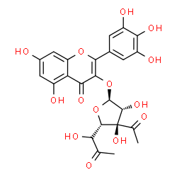 ChemSpider 2D Image | 3-({(2S,3R,4R,5S)-4-Acetyl-3,4-dihydroxy-5-[(1S)-1-hydroxy-2-oxopropyl]tetrahydro-2-furanyl}oxy)-5,7-dihydroxy-2-(3,4,5-trihydroxyphenyl)-4H-chromen-4-one (non-preferred name) | C24H22O14
