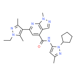ChemSpider 2D Image | N-(1-Cyclopentyl-3-methyl-1H-pyrazol-5-yl)-6-(1-ethyl-3,5-dimethyl-1H-pyrazol-4-yl)-1-methyl-1H-pyrazolo[3,4-b]pyridine-4-carboxamide | C24H30N8O