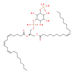 ChemSpider 2D Image | (2R)-1-[(Hydroxy{[(1S,5R)-2,3,4,6-tetrahydroxy-5-(phosphonooxy)cyclohexyl]oxy}phosphoryl)oxy]-3-[(9Z)-9-octadecenoyloxy]-2-propanyl (5Z,8Z,11Z)-5,8,11-icosatrienoate | C47H84O16P2