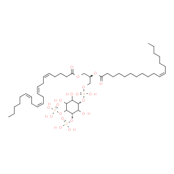ChemSpider 2D Image | (2R)-3-[(Hydroxy{[(1S,5S)-2,3,6-trihydroxy-4,5-bis(phosphonooxy)cyclohexyl]oxy}phosphoryl)oxy]-2-[(11Z)-11-octadecenoyloxy]propyl (5Z,8Z,11Z,14Z)-5,8,11,14-icosatetraenoate | C47H83O19P3
