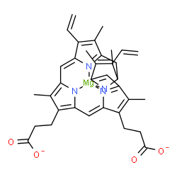 ChemSpider 2D Image | [3,3'-(3,7,12,17-Tetramethyl-8,13-divinyl-2,18-porphyrindiyl-kappa~4~N~21~,N~22~,N~23~,N~24~)dipropanoato(4-)]magnesate(2-) | C34H30MgN4O4