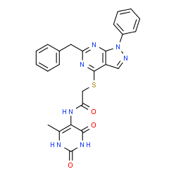 ChemSpider 2D Image | 2-[(6-Benzyl-1-phenyl-1H-pyrazolo[3,4-d]pyrimidin-4-yl)sulfanyl]-N-(6-methyl-2,4-dioxo-1,2,3,4-tetrahydro-5-pyrimidinyl)acetamide | C25H21N7O3S