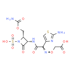 ChemSpider 2D Image | ({(E)-[1-(2-Amino-1,3-thiazol-4-yl)-2-({(2S,3S)-2-[(carbamoyloxy)methyl]-4-oxo-1-sulfo-3-azetidinyl}amino)-2-oxoethylidene]amino}oxy)acetic acid | C12H14N6O10S2