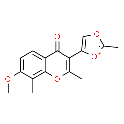 ChemSpider 2D Image | 5-(7-Methoxy-2,8-dimethyl-4-oxo-4H-chromen-3-yl)-2-methyl-1,3-dioxol-1-ium | C16H15O5