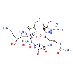 ChemSpider 2D Image | (3R,4R)-3,6-Diamino-N-[(3R,6Z,9S,12S,15S)-3-[(4R)-2-amino-1,4,5,6-tetrahydro-4-pyrimidinyl]-6-[(carbamoylamino)methylene]-9,12-bis(hydroxymethyl)-2,5,8,11,14-pentaoxo-1,4,7,10,13-pentaazacyclohexadeca
n-15-yl]-4-hydroxyhexanamide | C25H43N13O10