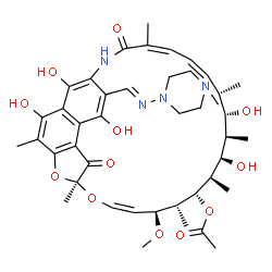 ChemSpider 2D Image | (7S,9Z,11S,12R,13S,14R,15R,16R,17S,18S,19Z,21Z)-2,15,17,27,29-Pentahydroxy-11-methoxy-3,7,12,14,16,18,22-heptamethyl-26-{(E)-[(4-methyl-1-piperazinyl)imino]methyl}-6,23-dioxo-8,30-dioxa-24-azatetracyc
lo[23.3.1.1~4,7~.0~5,28~]triaconta-1(28),2,4,9,19,21,25(29),26-octaen-13-yl acetate | C43H58N4O12