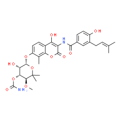 ChemSpider 2D Image | (3S,4R,5S,6R)-5-Hydroxy-6-[(4-hydroxy-3-{[4-hydroxy-3-(3-methyl-2-buten-1-yl)benzoyl]amino}-8-methyl-2-oxo-2H-chromen-7-yl)oxy]-3-methoxy-2,2-dimethyltetrahydro-2H-pyran-4-yl carbamate (non-preferred 
name) | C31H36N2O11