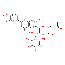 ChemSpider 2D Image | (1S)-6-O-Acetyl-1,5-anhydro-2-O-(6-deoxy-alpha-L-erythro-hexopyranosyl)-1-[2-(3,4-dimethoxyphenyl)-5-hydroxy-7-methoxy-4-oxo-4H-chromen-6-yl]-D-threo-hexitol | C32H38O16