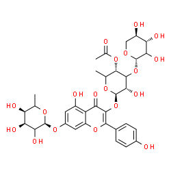 ChemSpider 2D Image | 3-({4-O-Acetyl-6-deoxy-3-O-[(2xi)-beta-D-threo-pentopyranosyl]-beta-L-erythro-hexopyranosyl}oxy)-5-hydroxy-2-(4-hydroxyphenyl)-4-oxo-4H-chromen-7-yl 6-deoxy-alpha-L-erythro-hexopyranoside | C34H40O19
