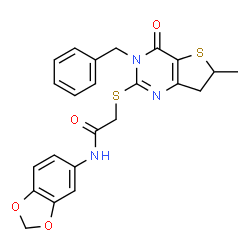 ChemSpider 2D Image | N-(1,3-benzodioxol-5-yl)-2-[[6-methyl-4-oxo-3-(phenylmethyl)-6,7-dihydrothieno[3,2-d]pyrimidin-2-yl]thio]acetamide | C23H21N3O4S2