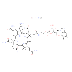 ChemSpider 2D Image | cobaltous [5-(5,6-dimethylbenzimidazol-1-yl)-4-hydroxy-2-(hydroxymethyl)tetrahydrofuran-3-yl] [1-methyl-2-[3-[(5Z,10Z,15Z)-2,13,18-tris(2-amino-2-oxo-ethyl)-7,12,17-tris(3-amino-3-oxo-propyl)-3,5,8,8,13,15,18,19-octamethyl-1,2,7,12,17,24-hexahydrocorrin-3-yl]propanoylamino]ethyl] phosphate cyanide | C63H89CoN14O14P