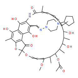 ChemSpider 2D Image | (9Z,19Z,21Z)-26-{(E)-[(4-Cyclopentyl-1-piperazinyl)imino]methyl}-2,15,17,27,29-pentahydroxy-11-methoxy-3,7,12,14,16,18,22-heptamethyl-6,23-dioxo-8,30-dioxa-24-azatetracyclo[23.3.1.1~4,7~.0~5,28~]triac
onta-1(28),2,4,9,19,21,25(29),26-octaen-13-yl acetate | C47H64N4O12