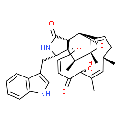 ChemSpider 2D Image | (1E,4S,5Z,7R,9Z,14S,14aR,15S,15aR,16aS,16bR)-7-Hydroxy-14-(1H-indol-3-ylmethyl)-4,6,15,15a-tetramethyl-4,7,14,14a,15,15a,16a,16b-octahydro-3H-cyclotrideca[d]oxireno[f]isoindole-8,11,12(13H)-trione | C32H36N2O5