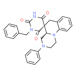 ChemSpider 2D Image | (5R)-1'-Benzyl-3-phenyl-2,3,4,4a-tetrahydro-1H,2'H,6H-spiro[pyrazino[1,2-a]quinoline-5,5'-pyrimidine]-2',4',6'(1'H,3'H)-trione | C28H26N4O3