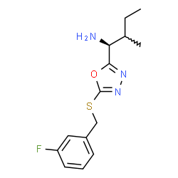 ChemSpider 2D Image | (1S)-1-{5-[(3-Fluorobenzyl)sulfanyl]-1,3,4-oxadiazol-2-yl}-2-methyl-1-butanamine | C14H18FN3OS